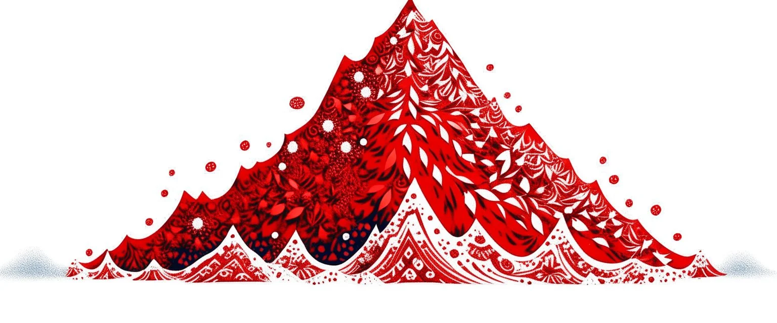 A red icy peak with falling snowflakes designed in Scandinavian folk art painted by Antoni Gaudi