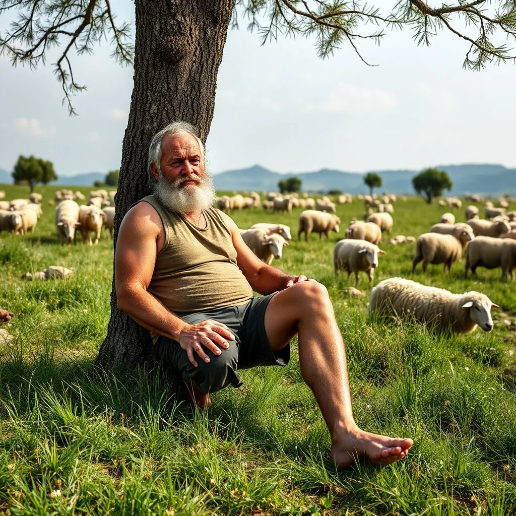 40 year old Sardinian shepherd, sturdy, muscular and bulky, with short beard and big nose, relaxes sitting leaning against a tree in the middle of a meadow full of grazing sheep, dressed in a tank top and shorts, strong and muscular legs, bare feet, photorealistic bucolic scene,