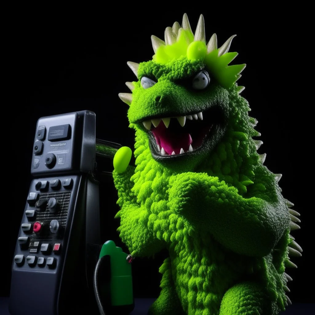 Godzilla as a muppet kawaii calling phone using a nokia, studio photo