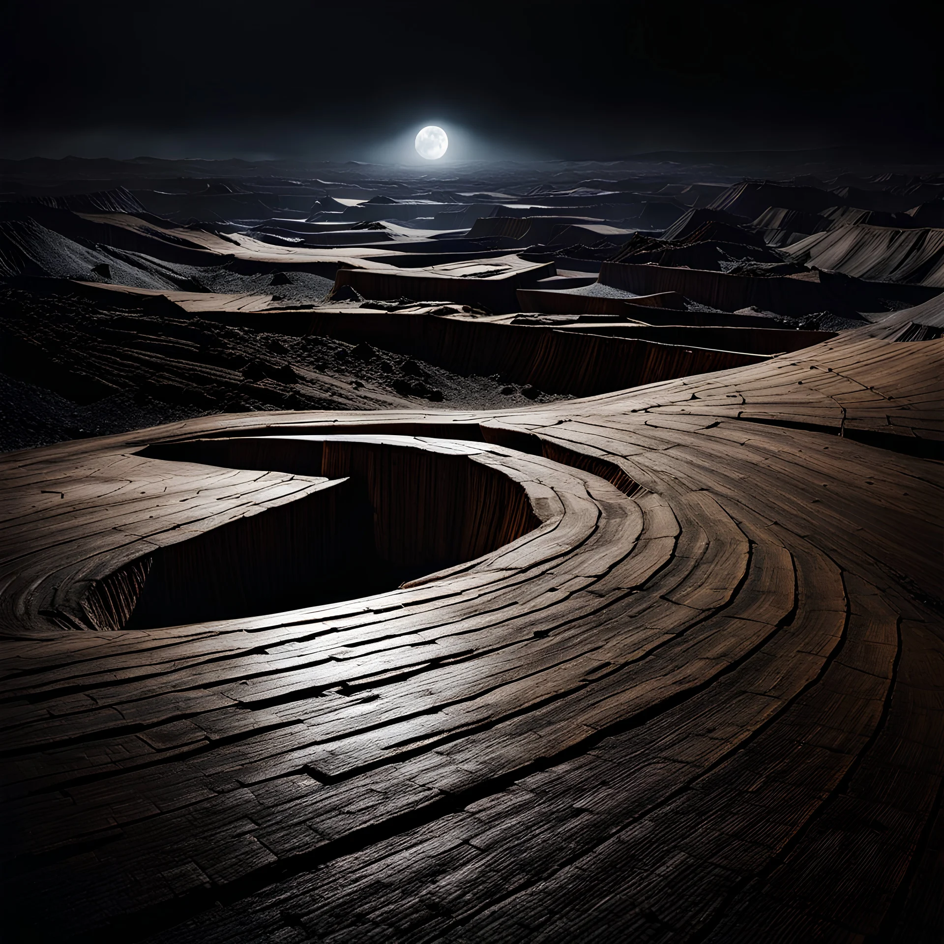 Photorealistic polfh nothingness and distress, wooden void, wasteland, night Max Ernst, volumetric light, shot on Hasselblad, movie shot, details of the terrain accentuated, nightmare, hypermaximalist