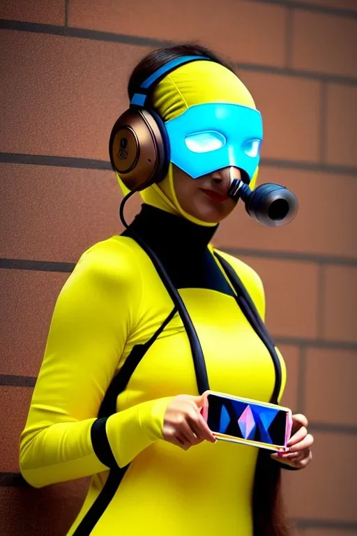 Realistic photograph. Geometric 3D tiling on the background, woman full-covered face mask. Bronze color Yellow Black Cyan. AKG headphones, golden rings & disc. Selfie both hands. Lightly armored, electronic circuit. Cyber-punk full-mask. Thick tights. Thick calves. Curved fell. Wide hip. Flat belly. Ancient artifact cables between. Perfect, Tron Movie. Lay figure. Haute Couture 1990's. Light from right