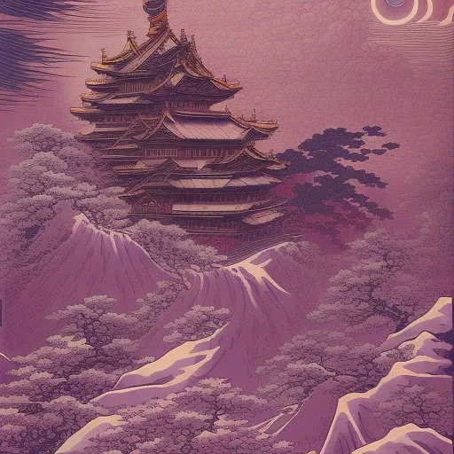 illustration by <Katsushika Hokusai>, purple tones, darkred tones,