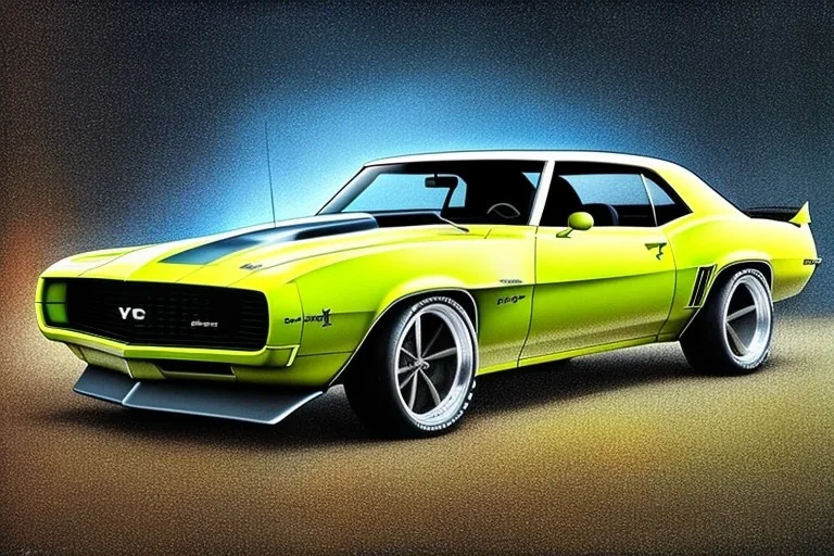 a true-to-life 1969 chevrolet camaro pro touring widebody, two-tone paintwork, classic hotrod wheels, detroit steel wheels, pen and color marker, centered, intricate, extreme detailed, photorealism, center view, stylized random background, pivot on camaro, painting by cheryl kelley