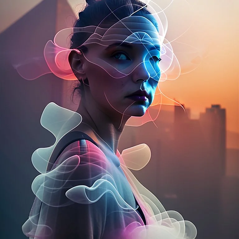 smoke plume, smog, city scape with pollution, woman, double exposure photography, colourful nature, clean sharp focus, on white background, Fractal Geometry buildings, sacred geometry