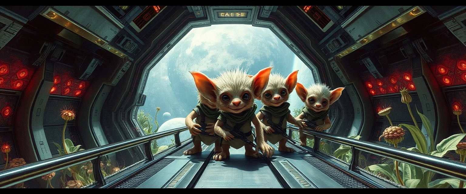airbrush and pen outline, french art , extreme close up on cheeky fluffy weasel hairy goblin military prison guard troupe news anchor elf family on the open bridge between two space stations overfilled with weird growing wines and plants that are reflective and translucent, in the style of Escher and Giger and Fallout 4, pinhole cam, airbrush 3d rendering