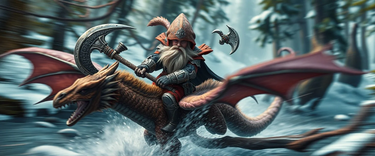 oil painting ,close up motion blur portrait of dwarf thief - Forgotten Realms dodging cyberpunk armored dwarf with war half moon axe hammer with spikes, riding tiny furry brown and purple dragon above water and along winding branches in lush icy forest along speeding horses , bokeh like f/0.8, tilt-shift lens 8k, high detail, smooth render, down-light, unreal engine, prize winning