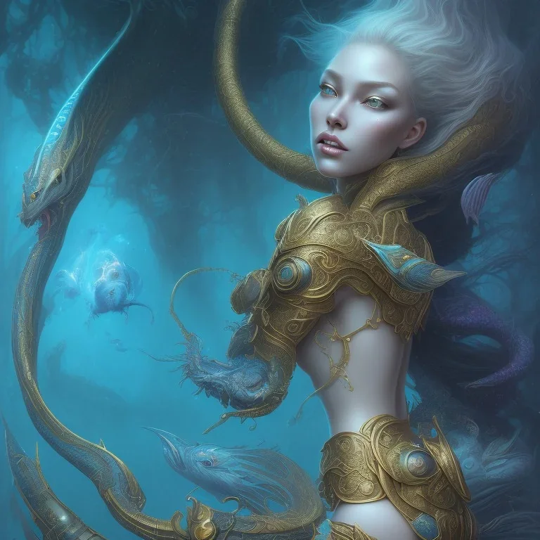 sango fantasy, fantasy magic, intricate, sharp focus, illustration, highly detailed, digital painting, concept art, matte, artgerm and paul lewin and kehinde wiley, masterpiece sexy lips Asian afro lips black African lady body mermaid blue Dragon head golden space lady sea under water mermaid pretty