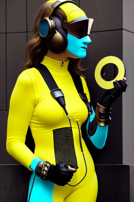 Photograph. Geometric, 3D-tiling on the adaptive background. Lightly armored, electronic circuit. Cyber-punk full-mask. Lay figure woman. The mask covers the face fully. Bronze color Yellow Black Cyan. AKG headphones, golden rings & disc. Porsche design. Thick tights. Thick calves. Curved fell. Wide hip. Flat belly. Ancient artifact, cables. Perfect, Tron Movie. Haute Couture 1990's. Light from right