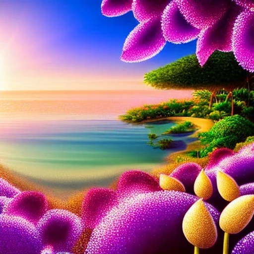 landscape of summer tropical ambient beutiful ,natural round shapes concept, large transparent view of the open outdoor garden,sea beach at sunset, gold crystals,with light pink, flowers of Lotus, beutiful pools, light of sun , palmiers,cerisiers en fleurs, wisteria, sun , stars, small waterfalls