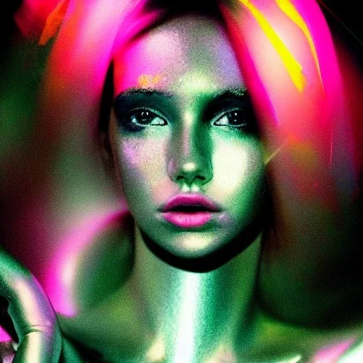 A 1990s magazine photoshoot. Neon blob, metallic blob, ethereal, grunge. Extremely detailed, HD photography, high quality, stylized, dramatic, high contrast, high exposure.