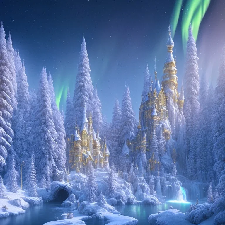 white and gold crystal castle，waterfall, winter snow flakessnow, northern Lights, full of details, smooth, bright sunshine，soft light atmosphere, light effect，vaporwave colorful, concept art, smooth, extremely sharp detail, finely tuned detail, ultra high definition, 8 k, unreal engine 5, ultra sharp focus