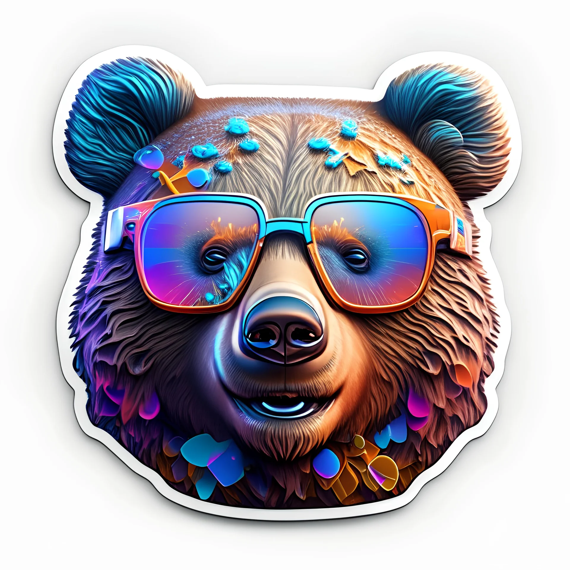 sticker on white background, 3d Head of a Bear with glasses, psychedelic, octane render, unreal engine 5, DMT art, funny, smiling