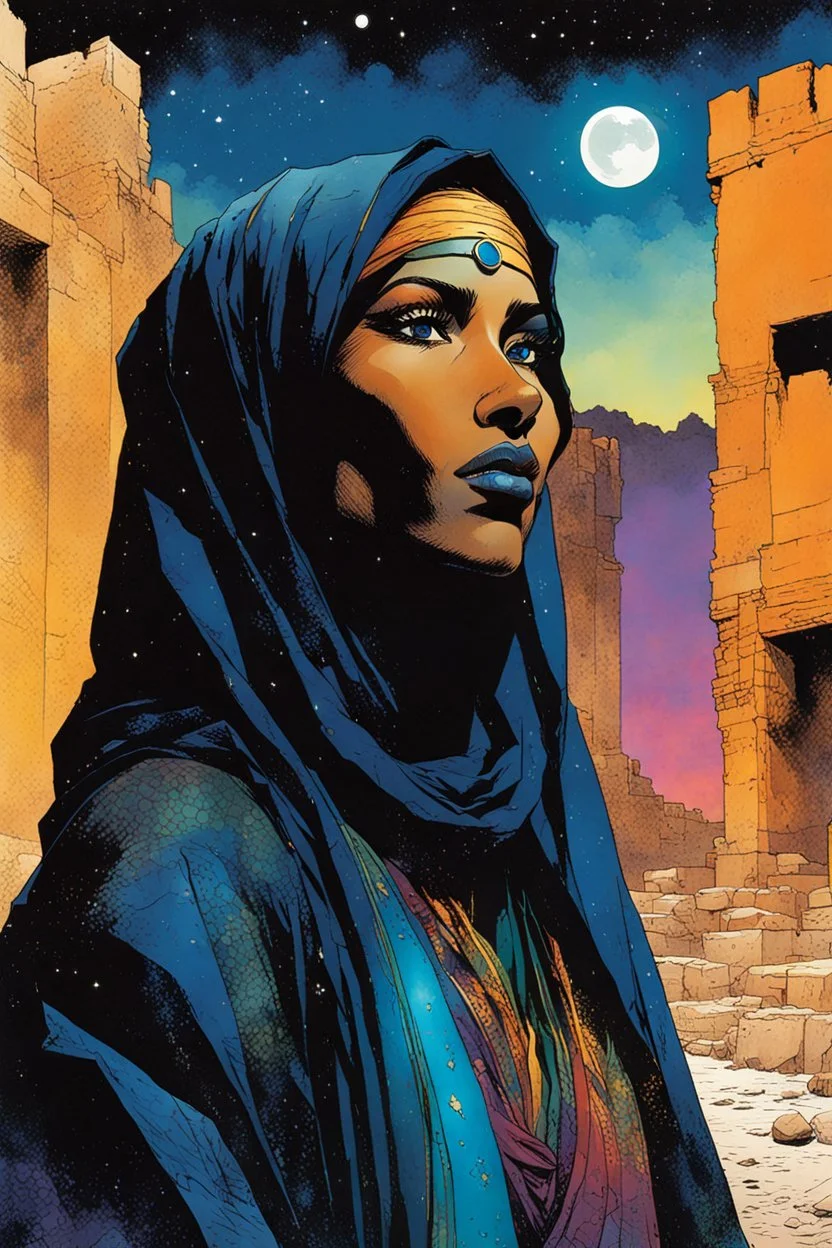 create an imaginative illustration of a Tuareg female, in traditional dress, with finely detailed facial features, in the ruins of Djemila under the midnight sky, in the comic book art style of Bill Sienkiewicz, Mike Mignola, and Jean Giraud Moebius, finely textured, drawn, colored, and inked