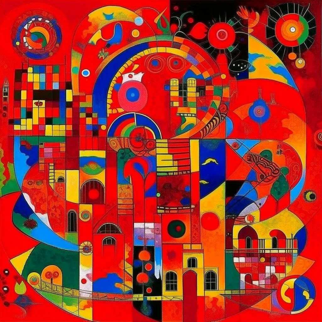 A red fiery palace designed in Mayan architecture painted by Wassily Kandinsky