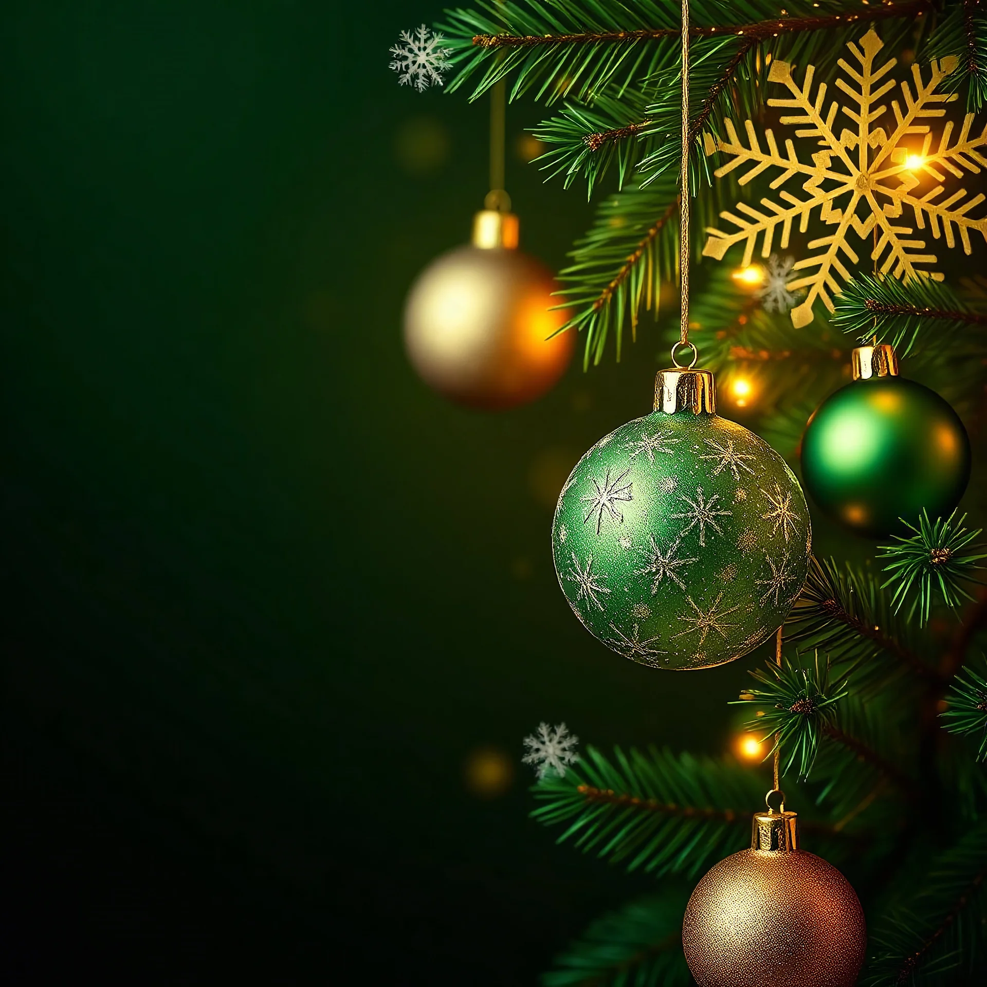 christmas background with green and gold decorations and snowflakes, emitting light ornaments, gold and green, 8k)), 8 k, 8k, gold decorations, dark green background,