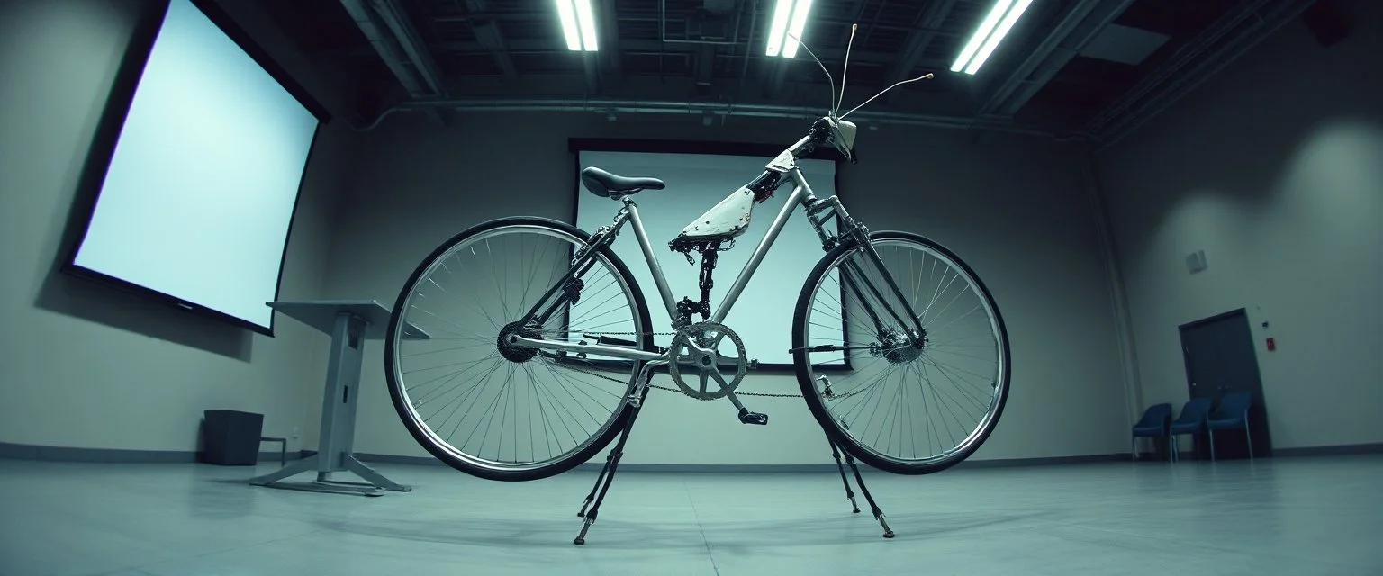 pinhole cam, airbrush 3d rendering, A five-second cinematic single take in a clean industrial presentation hall. A bizarre mechanically plausible bicycle machine stands beside a presentation podium, designed to look like a giant mechanical praying mantis. Two large bicycle wheels form its main body and four thin articulated mechanical legs support it. Two long folded mechanical front arms resemble mantis forelegs