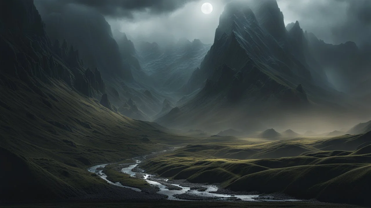 The Valley of the shadow of death. low, black mist. dark fantasy concept art, exquisite realism, a masterpiece, dynamic lighting, hyperdetailed, intricately detailed, deep color, Unreal Engine, volumetric lighting , Epic cinematic brilliant stunning intricate meticulously detailed dramatic atmospheric maximal,