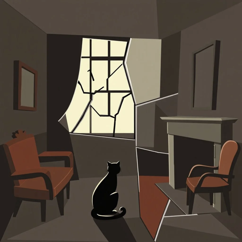 A cubist interpretation in the style of Picasso. Fragmented room with angular Renaissance furniture, broken lines of light entering through a stylized window. A simplified abstract cat sits near a cubist fireplace. Shapes overlap and shift perspective, creating a symbolic and emotional image. --v 7 --style raw --ar 1:1