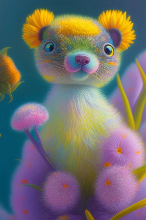 extremely cute creature with strange flowers Hyper realistic eyes, oil on canvas award winning fantastic view ultra detailed acrylic art Ultra realistic Impressionism Surrealism simen johan, sharp focus intricate oil on canvas cinematic lighting photorealistic high detail ultra detailed crisp quality colourful in sunshine