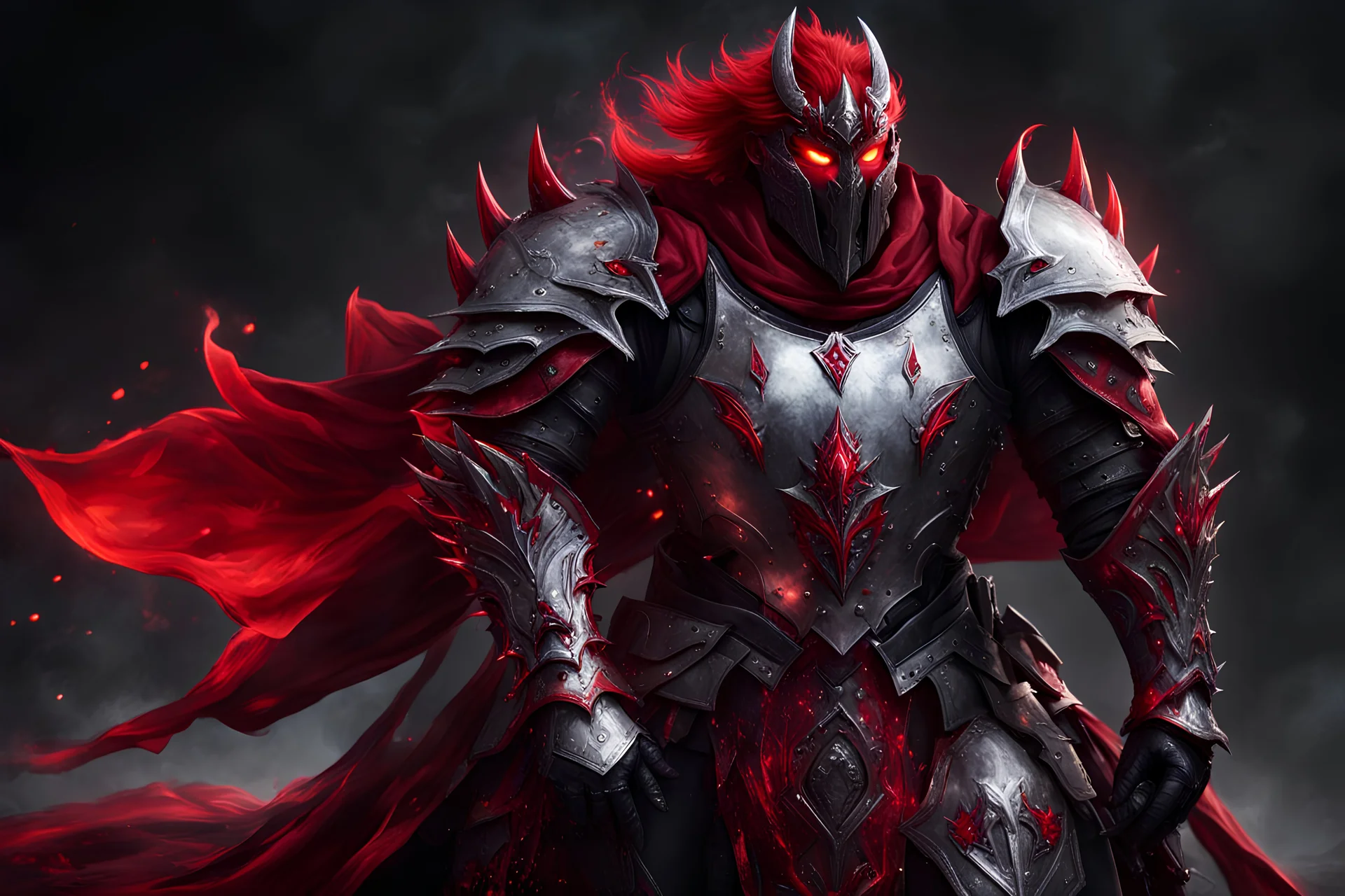 silver and crimson knight armor, and a ghostly red flowing cape, crimson trim flows throughout the armor, the helmet is fully covering the face, black and red spikes erupt from the shoulder pads, crimson hair, spikes erupting from the shoulder pads and gauntlets, glowing red eyes, riding a black demon warhorse with glowing red horns wearing silver and crimson armor with glowing red eyes