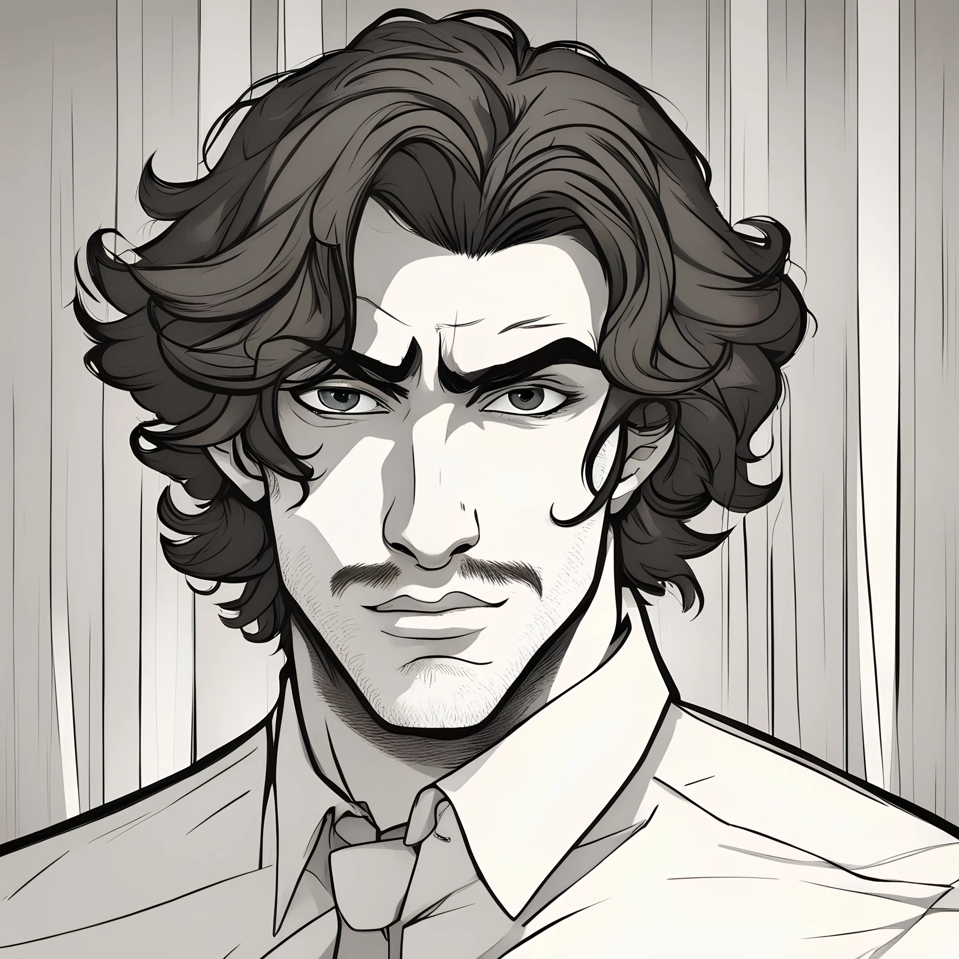 a portrait of man wearing formal shirt. wavy black medium hair. brown skin. black eye pupils. big nose. Disney character style. detailed. high tense background