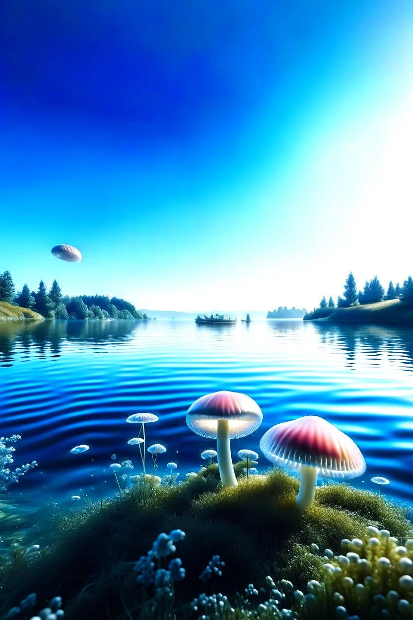 Landscape scene across a lake with mushrooms with jellyfish tentacles floating through a light blue clear sky