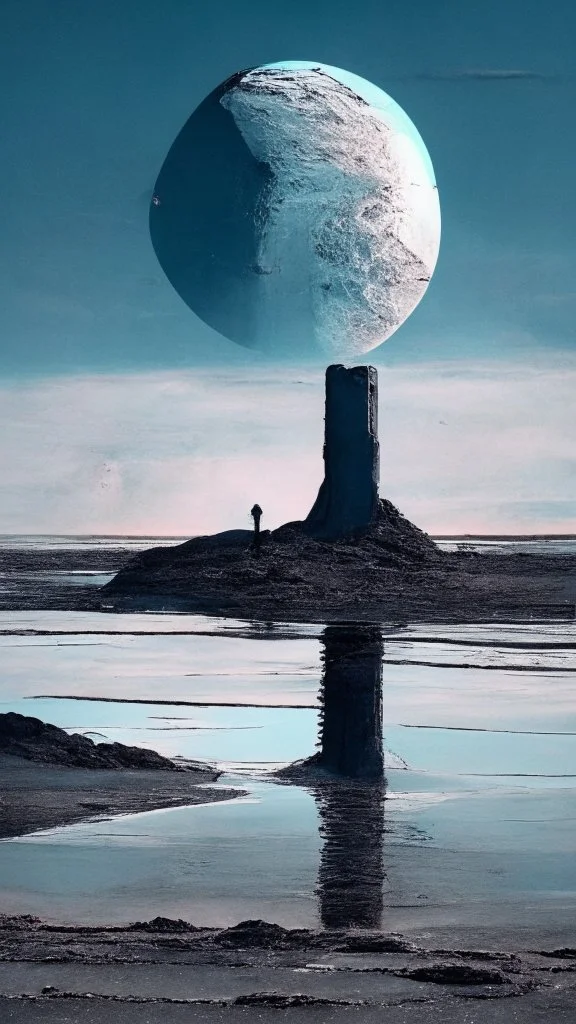 sci-fi landscape with water and man and moon