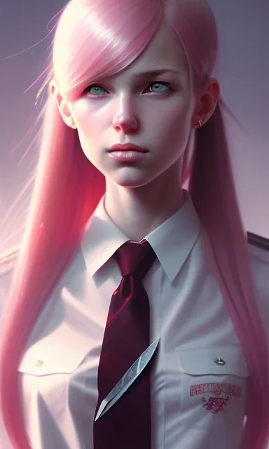 girl, cute, beautiful, pink hair, brown eyes, pigtails, bangs, knife in hand, blood on face, by Greg Rutkowski, big boobs, school girl uniform