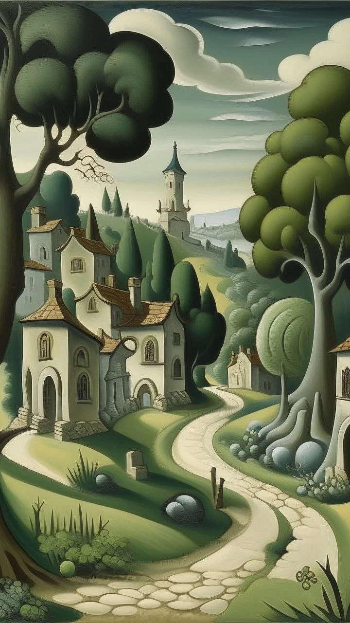 A grayish green village with a path and a palace painted by Thomas Hart Benton