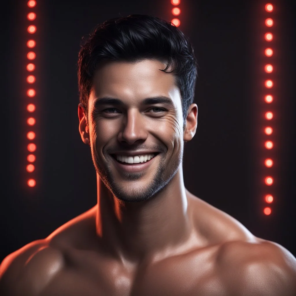 Hyper realistic extremely handsome muscular short black hair man smiling & wearing a black towel in between a dark room with small red lights