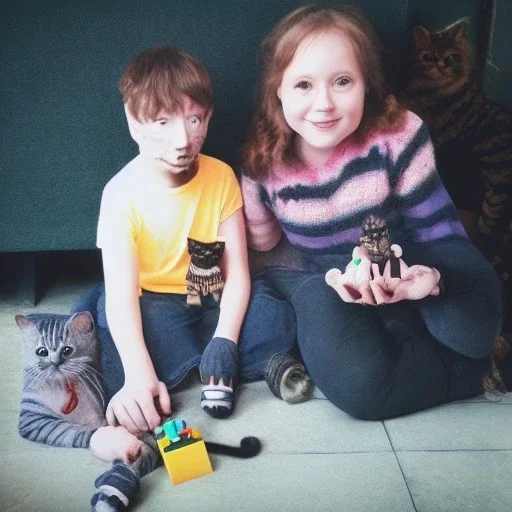  creepy photo of unusual children with lego cat