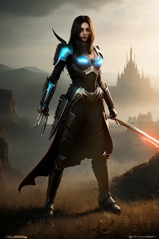 Tiefing assassin, yellow eyes, dark hair, dark armor, waist up portrait, Demonic tail, light red skin, hyperrealistic, intricate details, insanely detailed, cityscape background, natural lighting