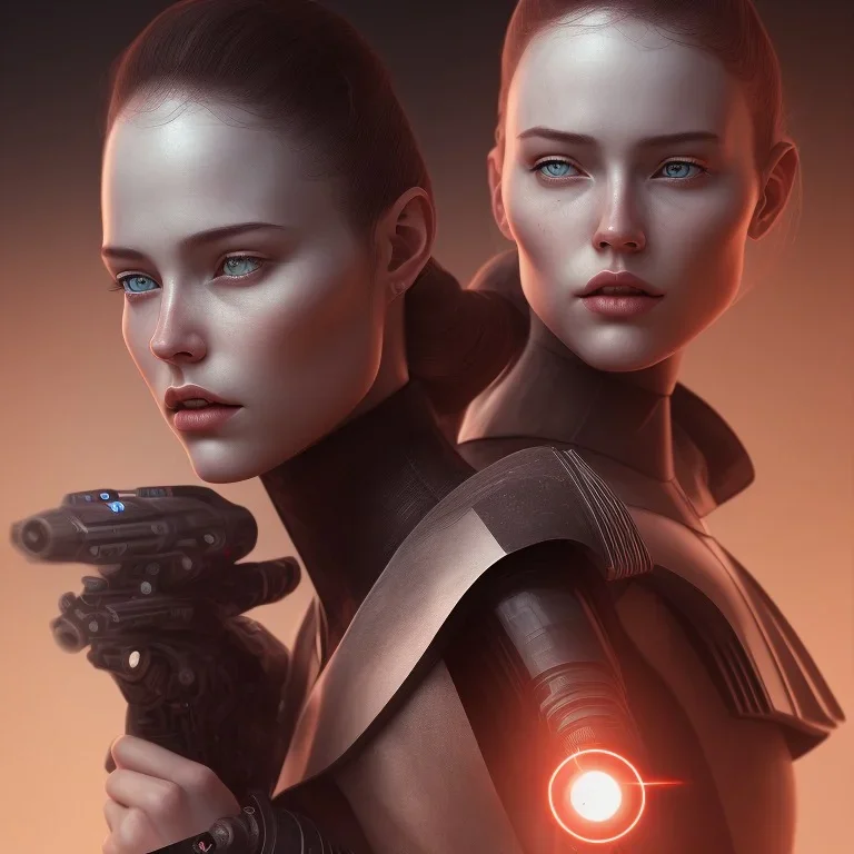 portraitfrom shoulders to head of a male and female star wars charecters, badass, two guns, black fedora, dark red eyes, fanatsy, si-fi, photo realistic, ultra realistic, 8k