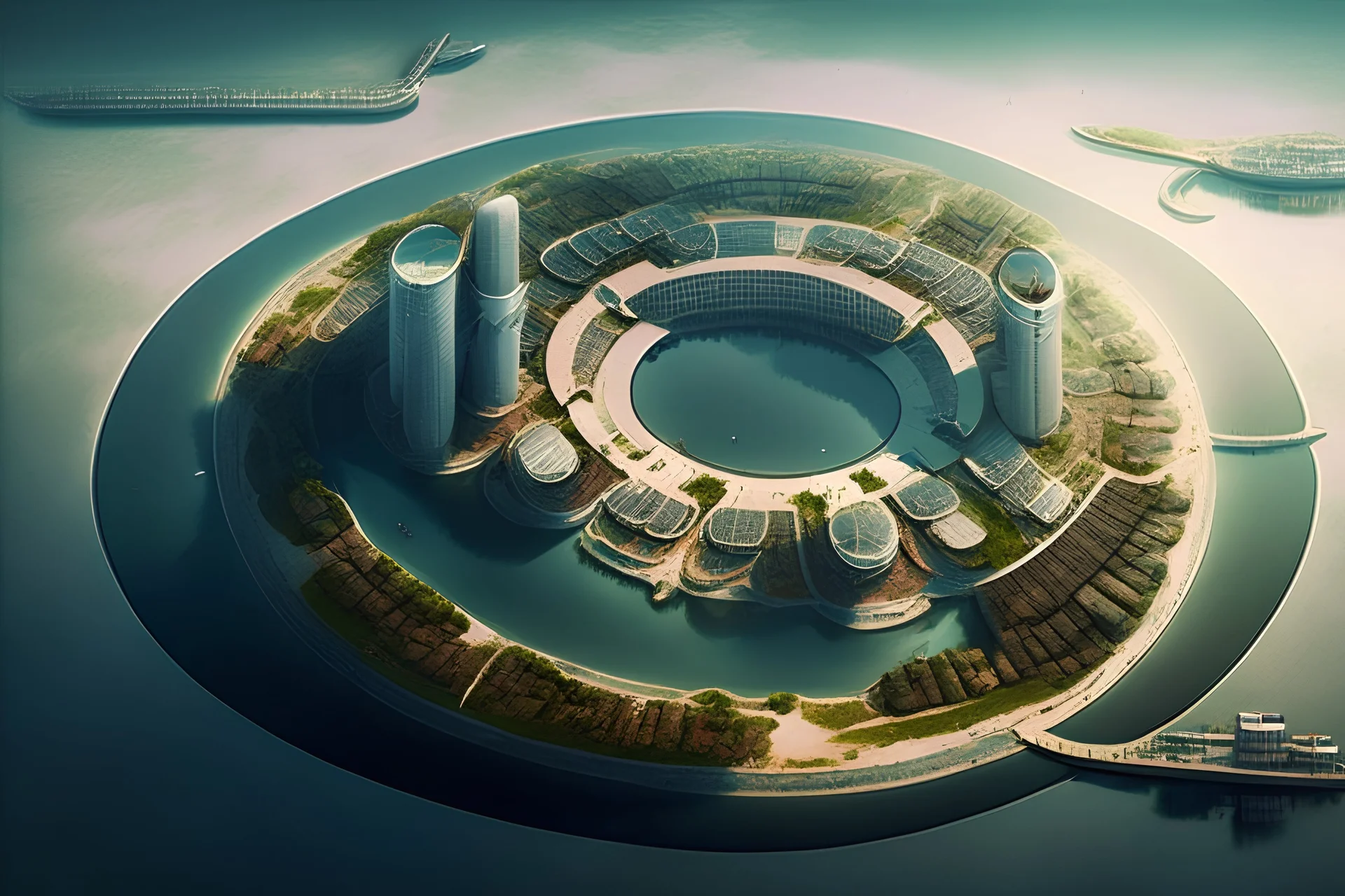 The future attractive industrial workplace, circular shape at a peninsula near a city and near a port, aerial view