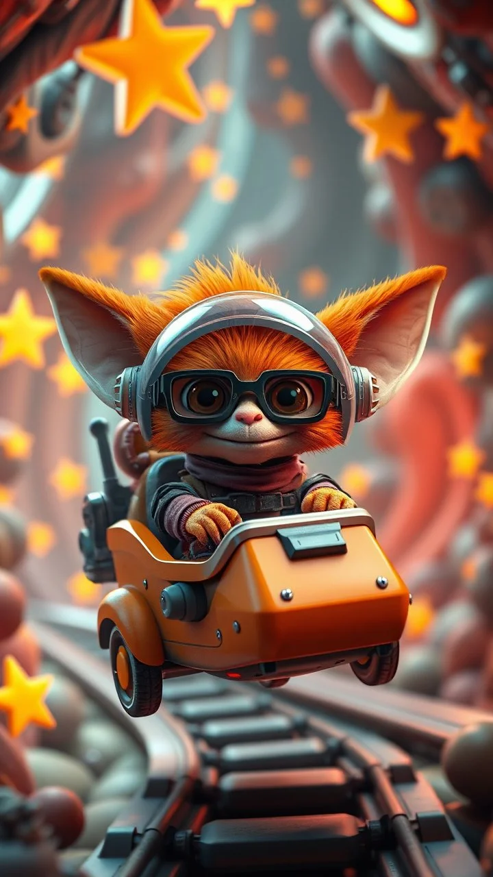 big ass space hairy hi tech alien cowboy gremlin orange fox with glasses in tiny cart chair floating around in space in a weird living space camper ship driving down weird twisted track in space station jungle, spell jammer, Pixar-inspired, expertly crafted in a whimsical and vibrant cartoon style. is masterfully rendered in a lifelike 3D design, which captivates viewers with there irresistible charm. The background is filled with warm, inviting colored stars and a 3D render, creating a cinemat