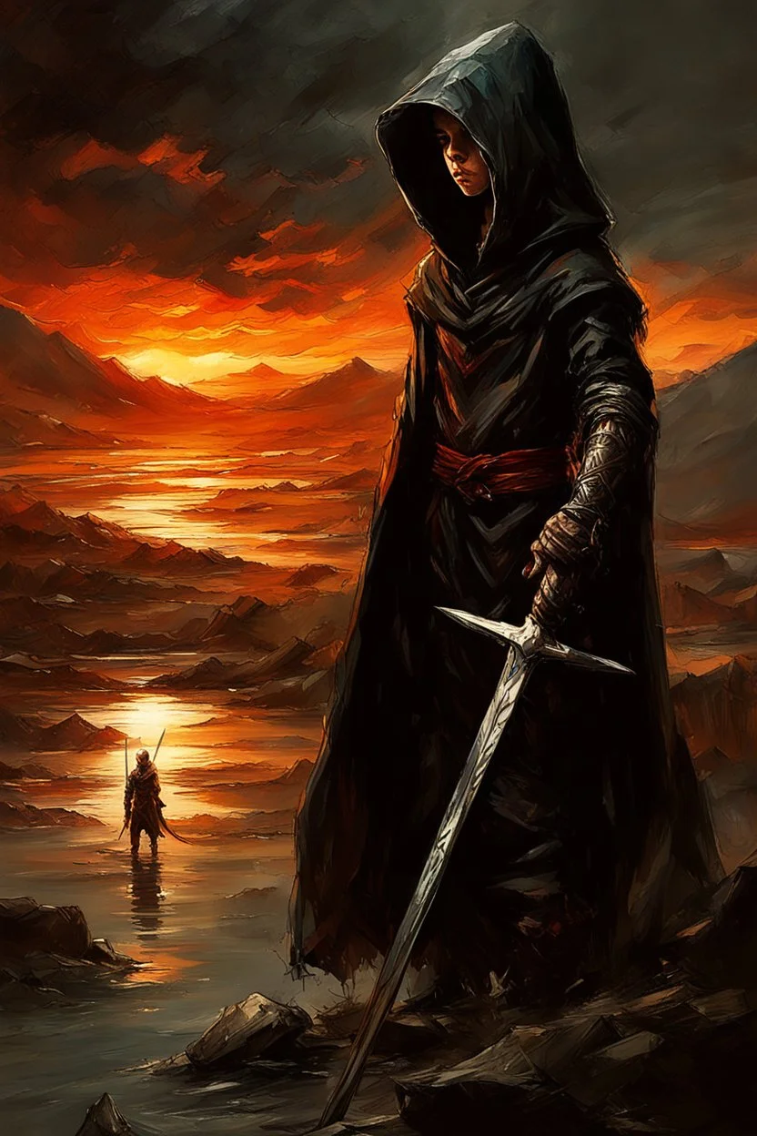 A formidable warrior-a 10-year-old boy in a black robe with a hood, on the background Amazing gloomy landscape, flooded with sunset, mountains, trees, fabulous scary hero, , juicy emotions, painting, dark fantasy, bad weather, gloomy day, dark world, by Raymond Swanland & Anna Razumovskaya & James Paick & Alyssa Monks