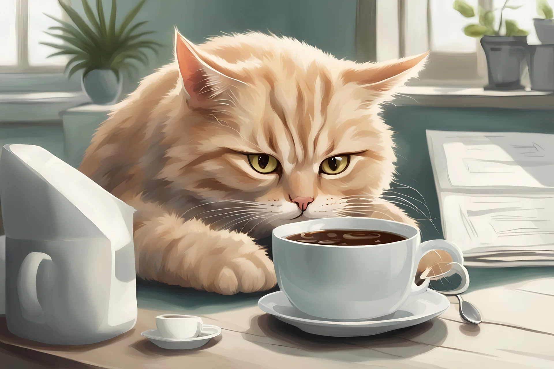 Monday morning, and you don't want to get up. Realistic tired Cat with one single cup of coffee.