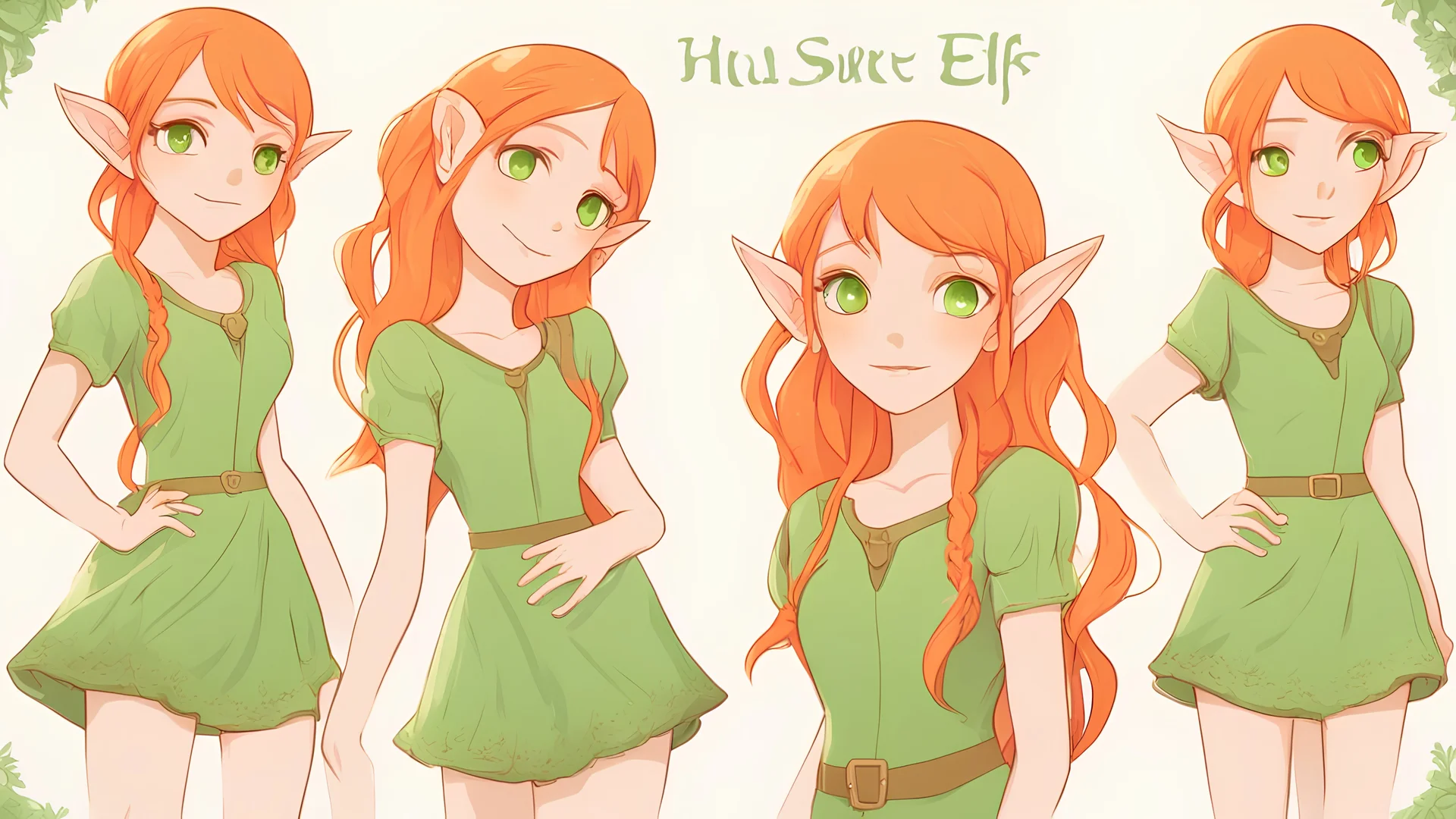 Cute Elf with orange hair and glowing green eyes She wears a light green dress