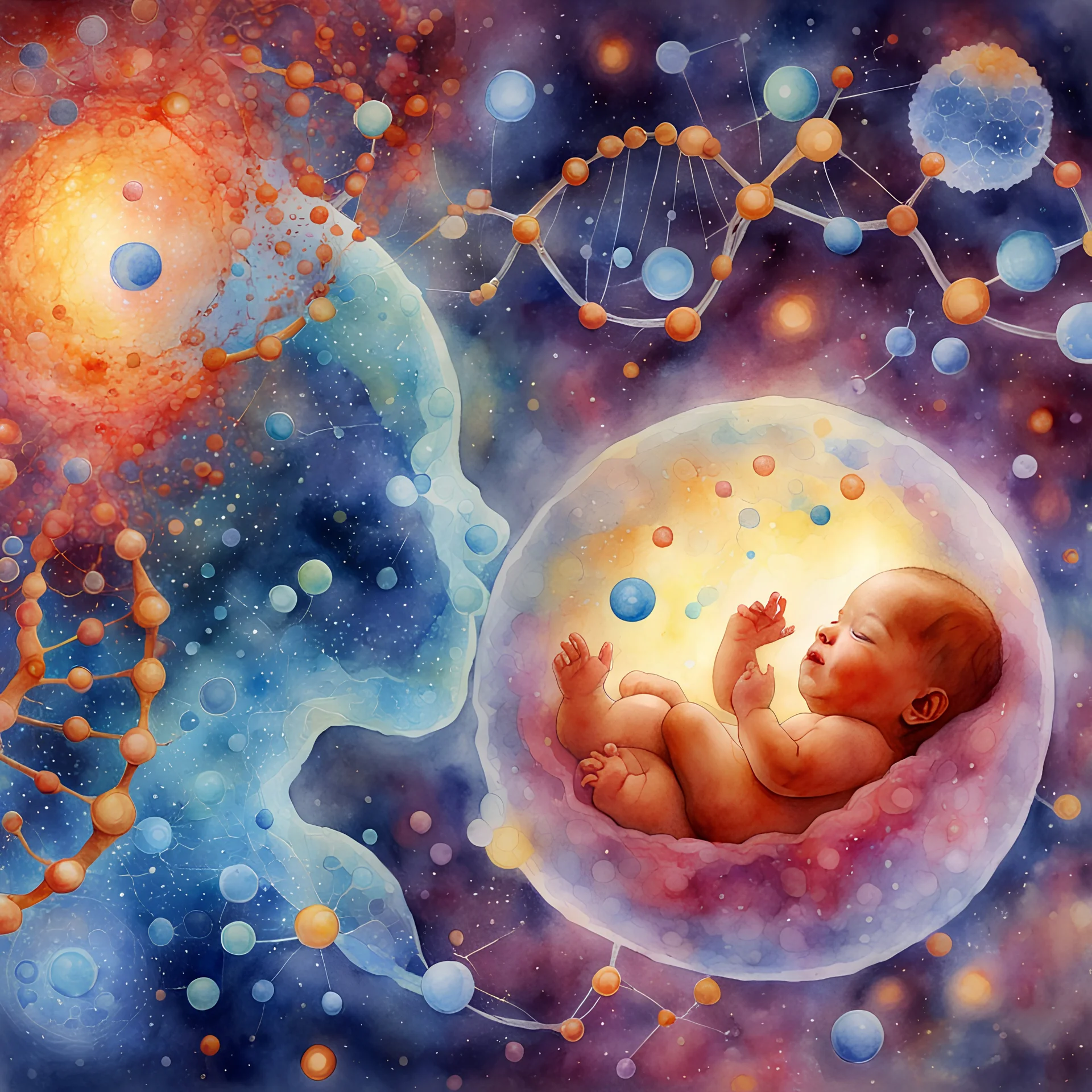 Quantum Serenity: A watercolor depiction of the conception of a baby, illustrating the interplay of microscopic quantum particles and DNA at the molecular level, embodying calmness in action.”