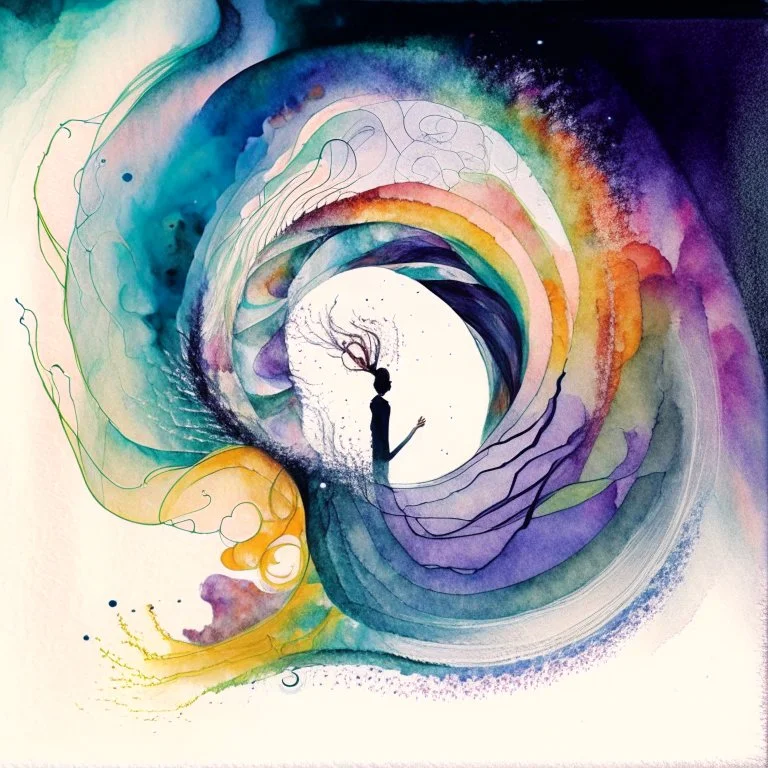 A watercolour painting, In this artwork, the person is depicted within a swirling vortex where reality and imagination converge. Elements from their thoughts materialize around them, intertwining with the physical world. This piece conveys the concept of the person's mind projecting their imagination onto their surroundings, creating a blend of the two realms.