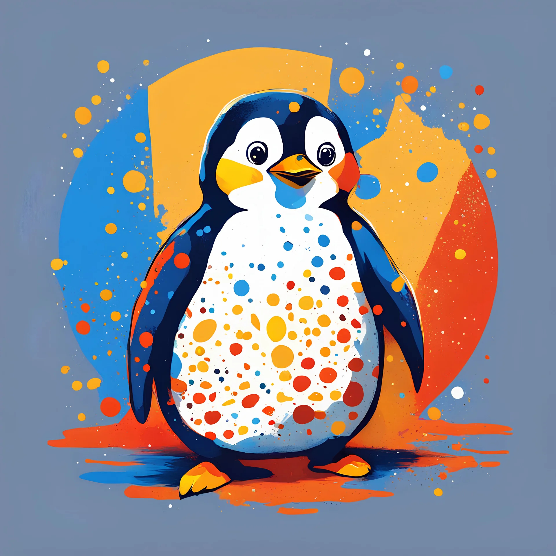 Chill Penguin with blue yellow-orange white and red palette in spotted art style