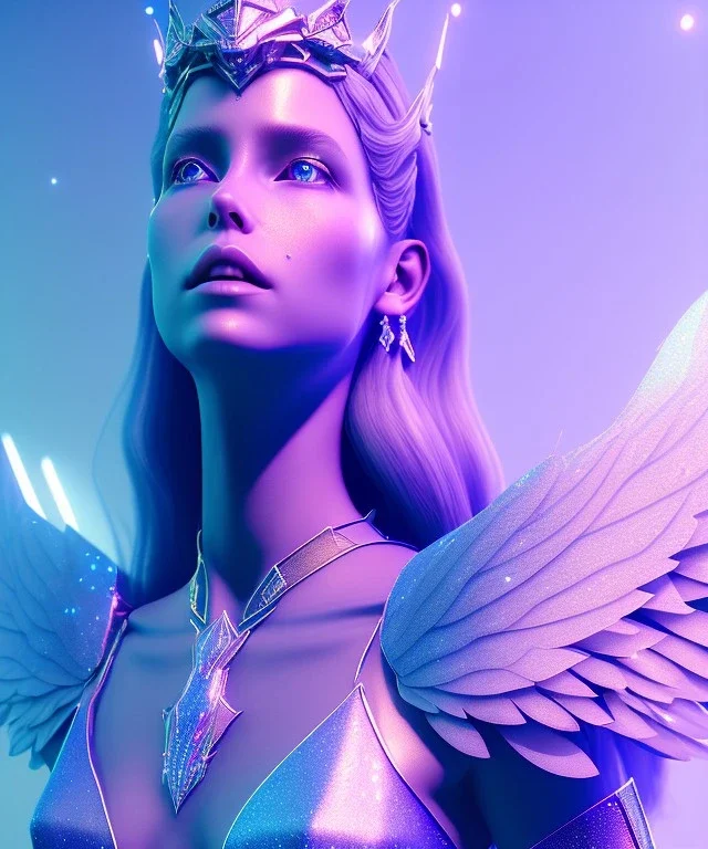 A crystalised queen, atmospheric, realistic, unreal engine, cinematic lighting, octane render. blue, pink, transparency, light, shine,bright, full body, transparent wings, blonde, long hair