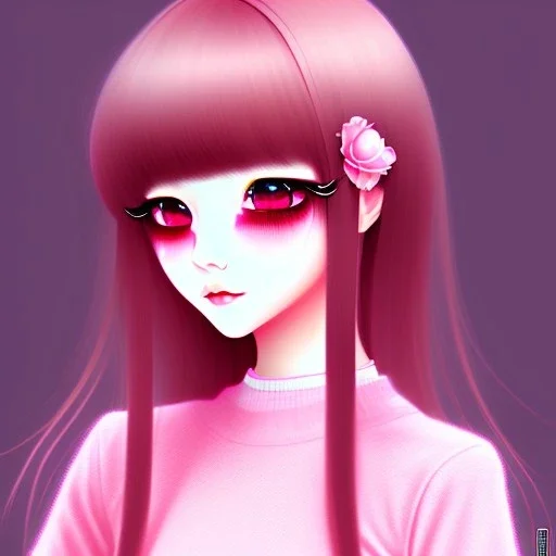 Japanese girl with big brown eyes and long black hair with bangs wearing pink clothes kawaii