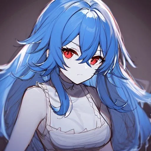 Clear focus, High resolution, rough line sketch art, blue hair, fluffy hair, between eyes, red eyes, no light in eyes