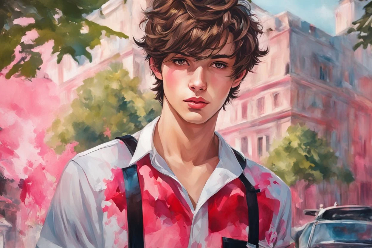 close up headshot portrait of beautiful teenage boy who looks like a girl, brown hair, red eyes, pretty body, pretty legs, perfect face, Wadim Kashin, James Gurney, Ink, splash art, amazing beauty, college courtyard background, has pink accents on clothes