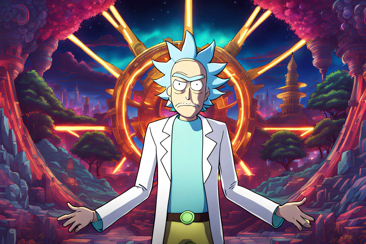 Rick in 8k anime realistic drawing style, Rick and morty world, close picture, neon, intricate details, highly detailed, high details, detailed portrait, masterpiece,ultra detailed, ultra quality
