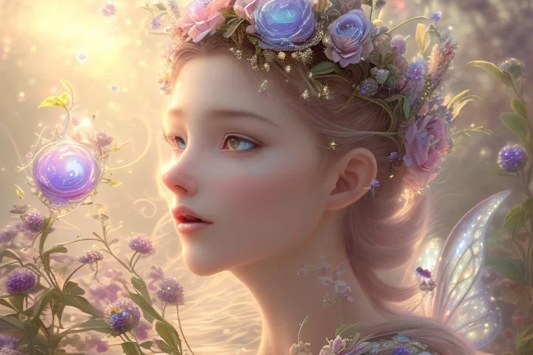 one very little beautiful fairy on a big crystal subtle flower in a galactic ambiance, transparent petals, delicate colors, in the foreground, full of details, smooth, bright sunshine，soft light atmosphere, light effect，vaporwave colorful, concept art, smooth, extremely sharp detail, finely tuned detail, ultra high definition, 8 k, unreal engine 5, ultra sharp focus