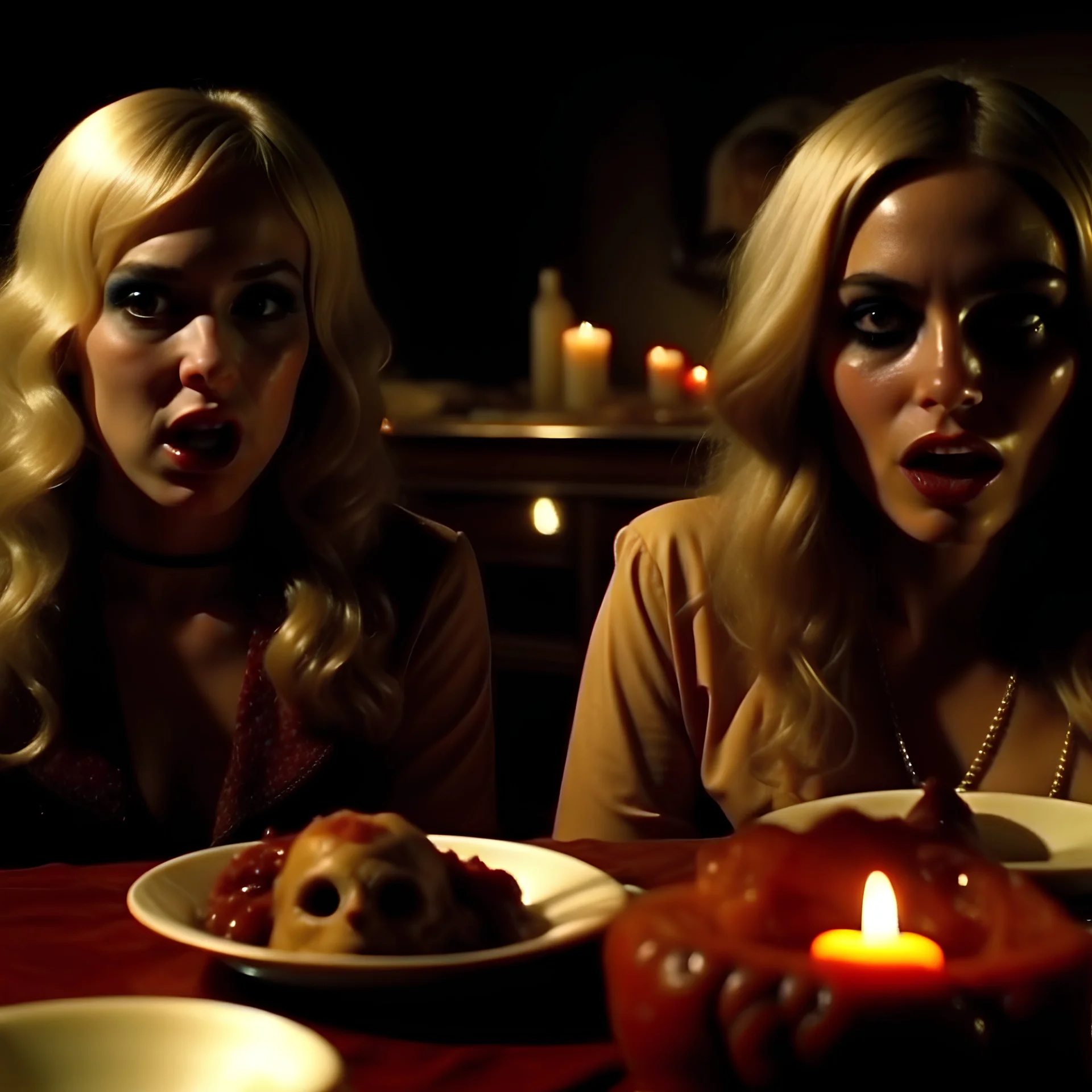 Horror movie shot, spooky, hot, ultra realistic, dine, ultra realistic hot blonde women, party, pieces of meat, black eye, organs, ail, dynamic, very excited people, hypermaximalist figures, light, 1970's Italian horror movie, sinister,, Dario Argento, Stanley Kubrik, ornate, 4k, photorealism