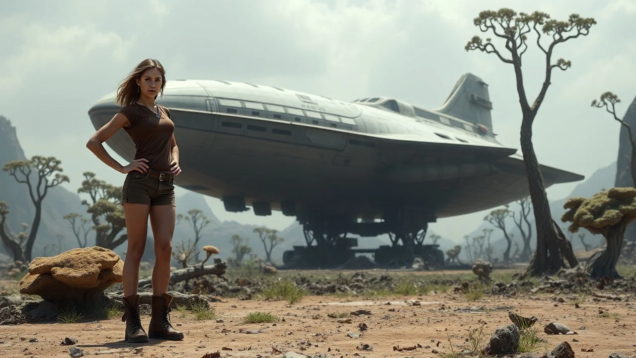 A skinny 50-year-old woman standing, hands on hips, in brown shorts, a shirt, and boots, standing next to a large, sleek cargo spaceship, sitting in a clearing, in a derelict alien city with trees and fungi in clumps.