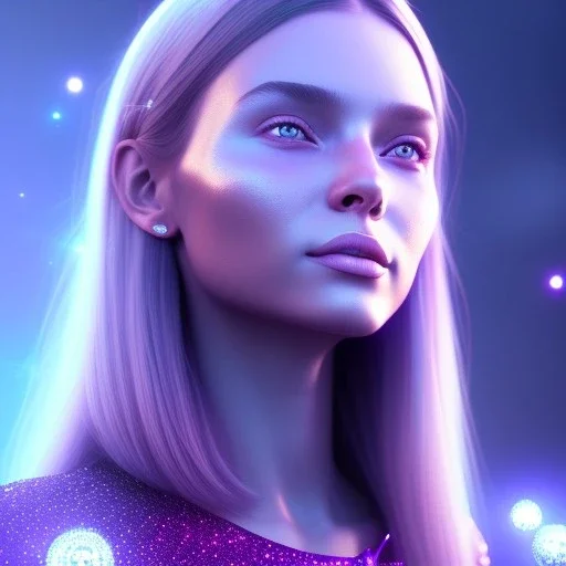 A portrait of a crystalised girl,smiling, longs blond hairs, galactic dress, atmospheric, realistic, cinematic lighting, octane render, purple and blue light, nebula